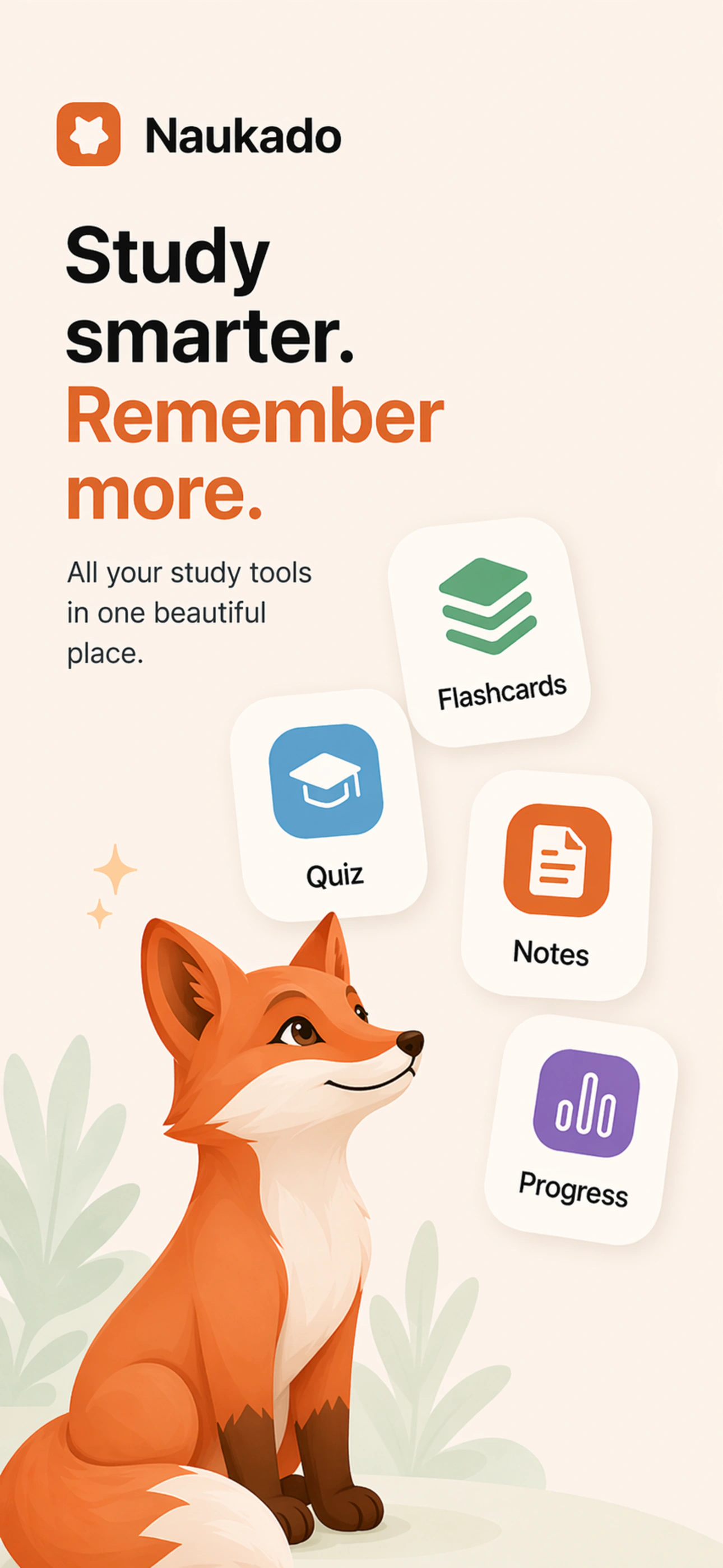 Naukado listing artwork presenting the app ecosystem, its fox and shortcuts to learning tools