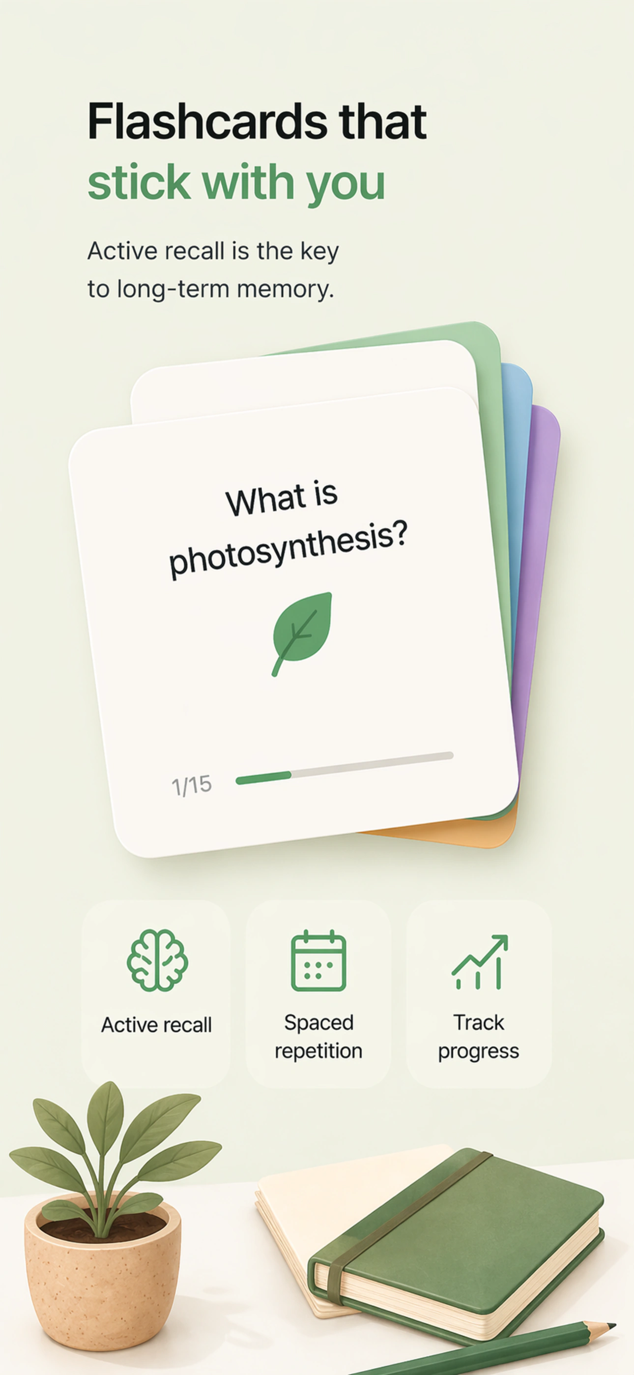 Naukado listing artwork presenting flashcards and active recall