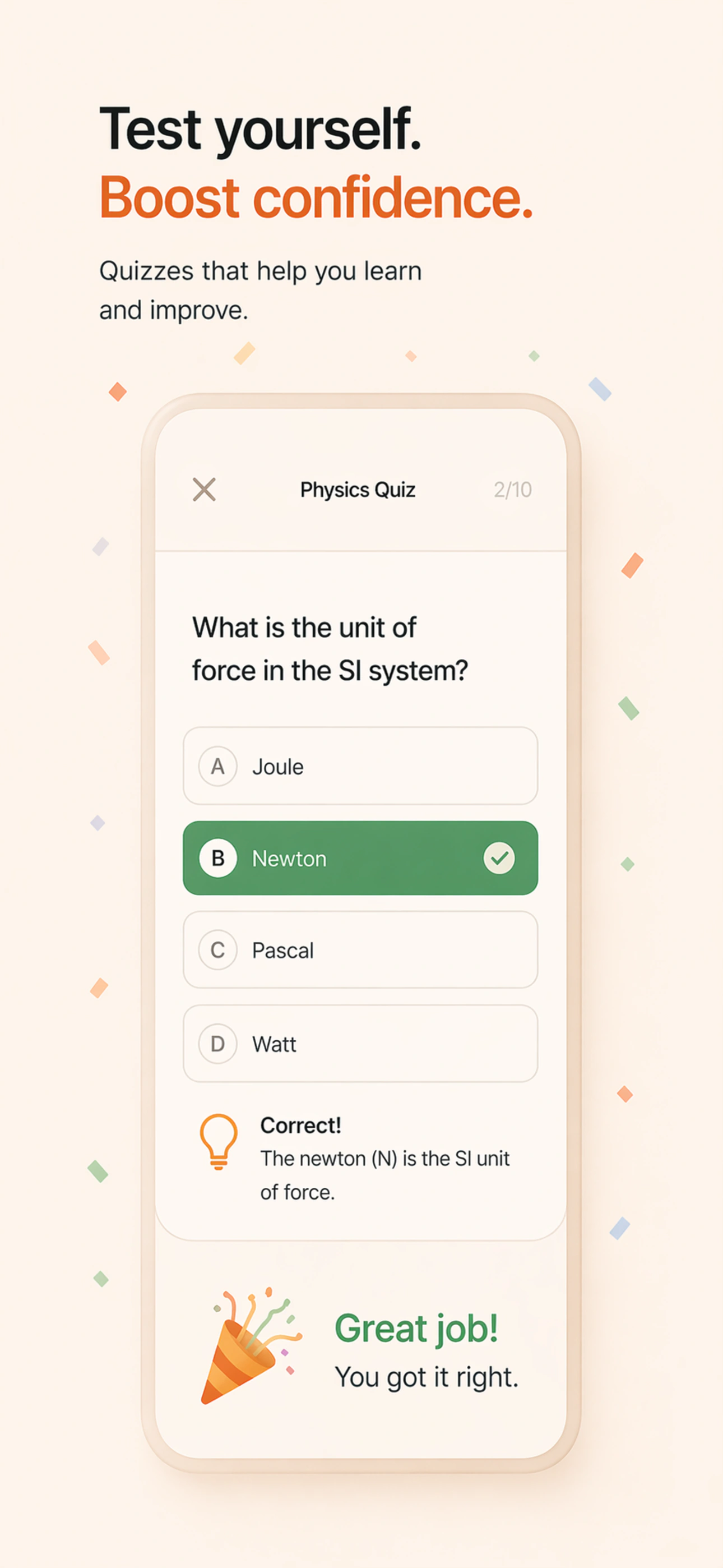 Naukado listing artwork presenting a physics quiz and feedback