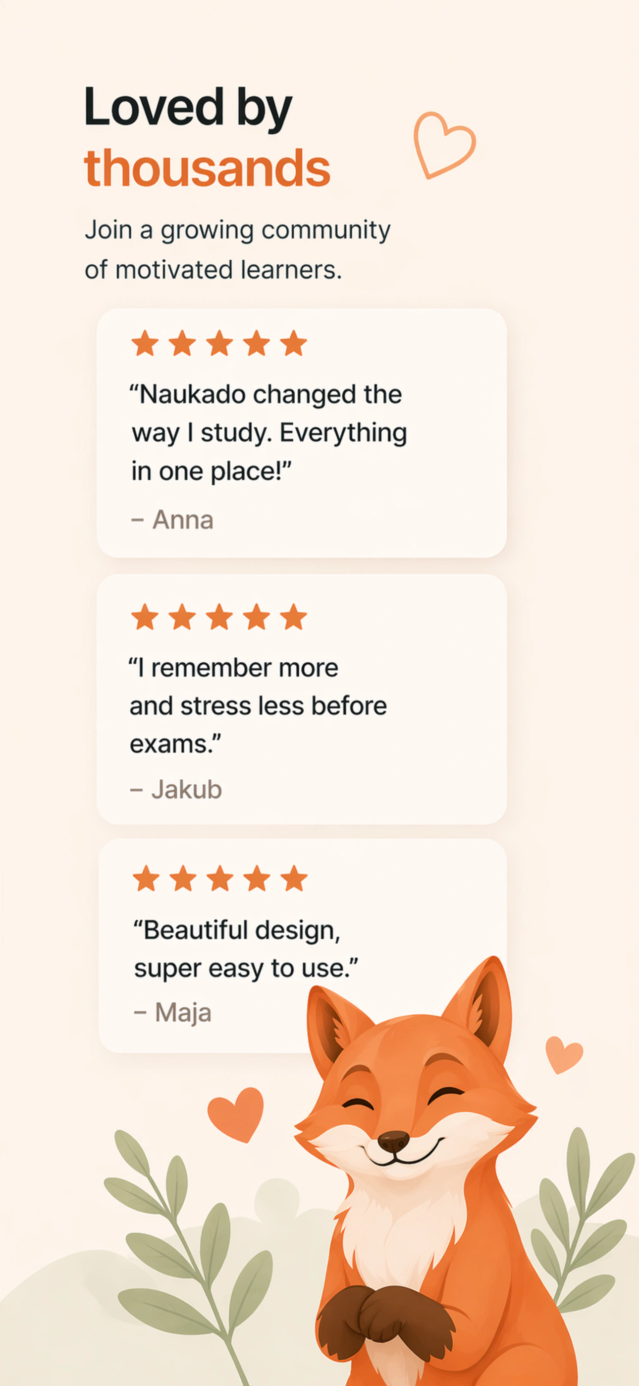 Naukado listing artwork presenting learner feedback and the Naukado fox