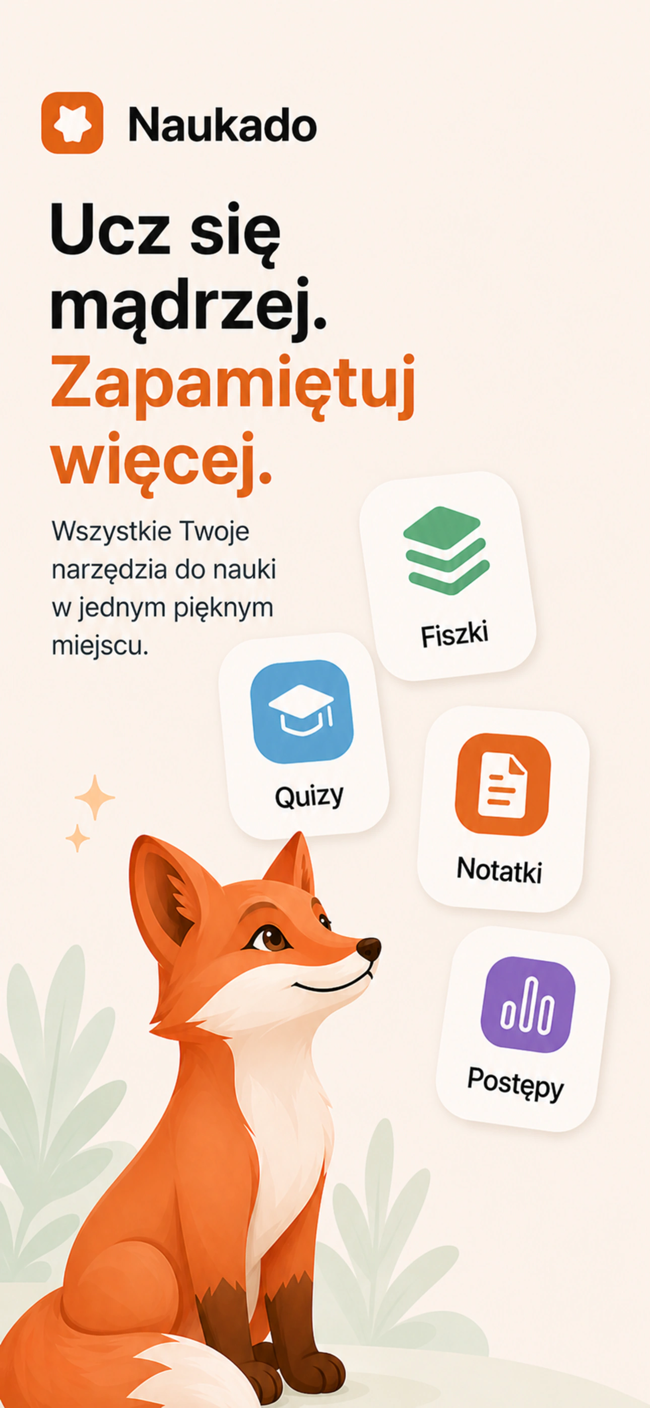 Grafika z listingu Naukado przedstawiająca ekosystem aplikacji, lisa i skróty do narzędzi nauki