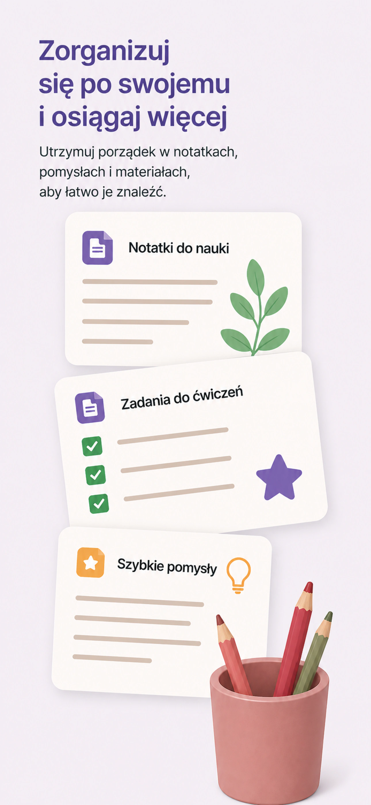 Grafika z listingu Naukado przedstawiająca organizację notatek, pomysłów i materiałów