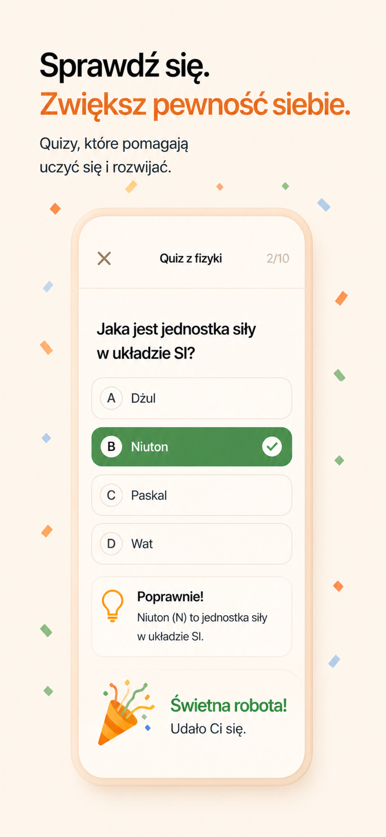 Grafika z listingu Naukado przedstawiająca quiz z fizyki i informację zwrotną
