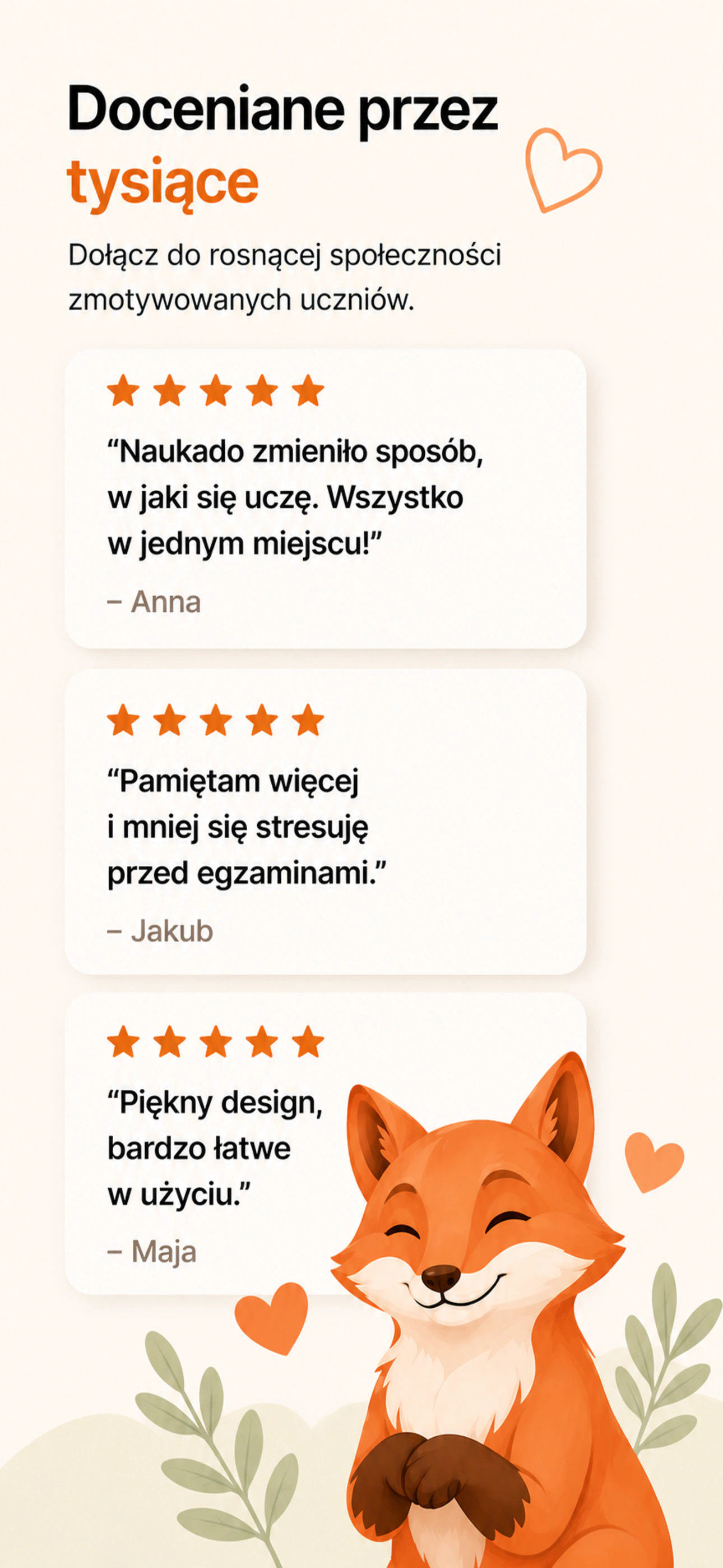 Grafika z listingu Naukado przedstawiająca opinie użytkowników i lisa Naukado