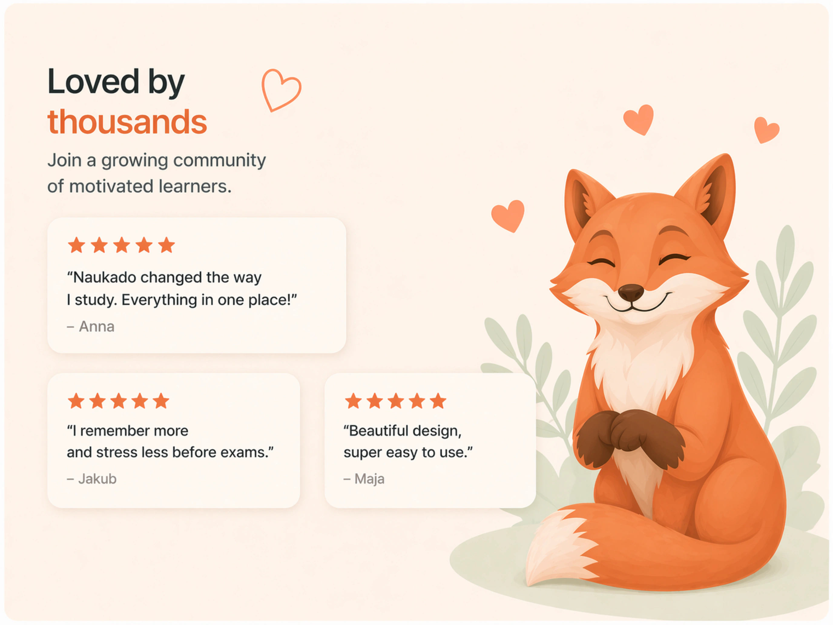 Naukado listing artwork presenting learner feedback and the Naukado fox