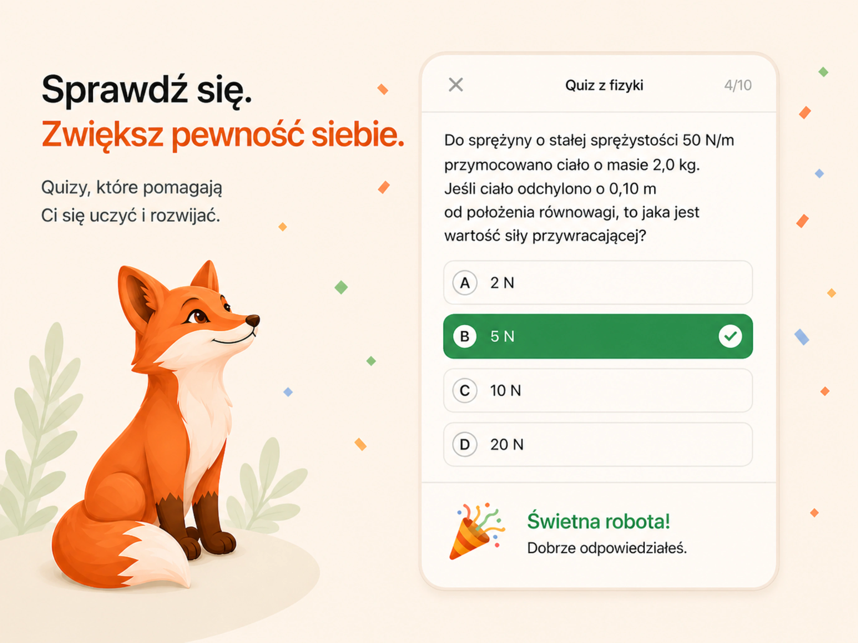 Grafika z listingu Naukado przedstawiająca quiz z fizyki i informację zwrotną